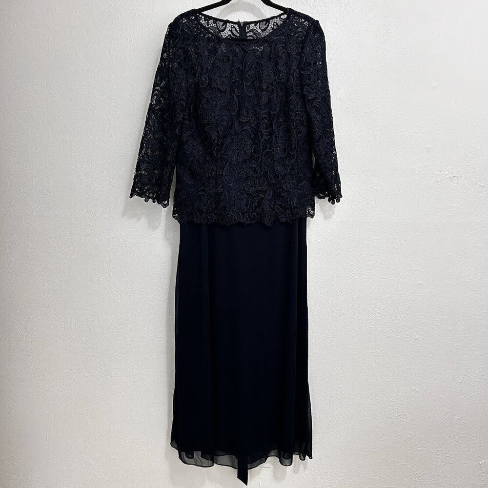 Vintage Patra Blue‎ Evening Formal Dress Sz 14 Floral Lace Overlay Bodice Belted
